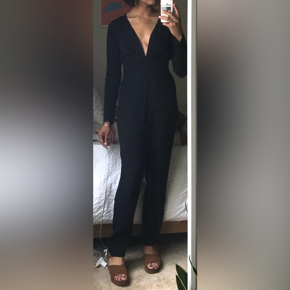 & Other Stories Black Long Sleeve Jumpsuit with Plunge Neckline